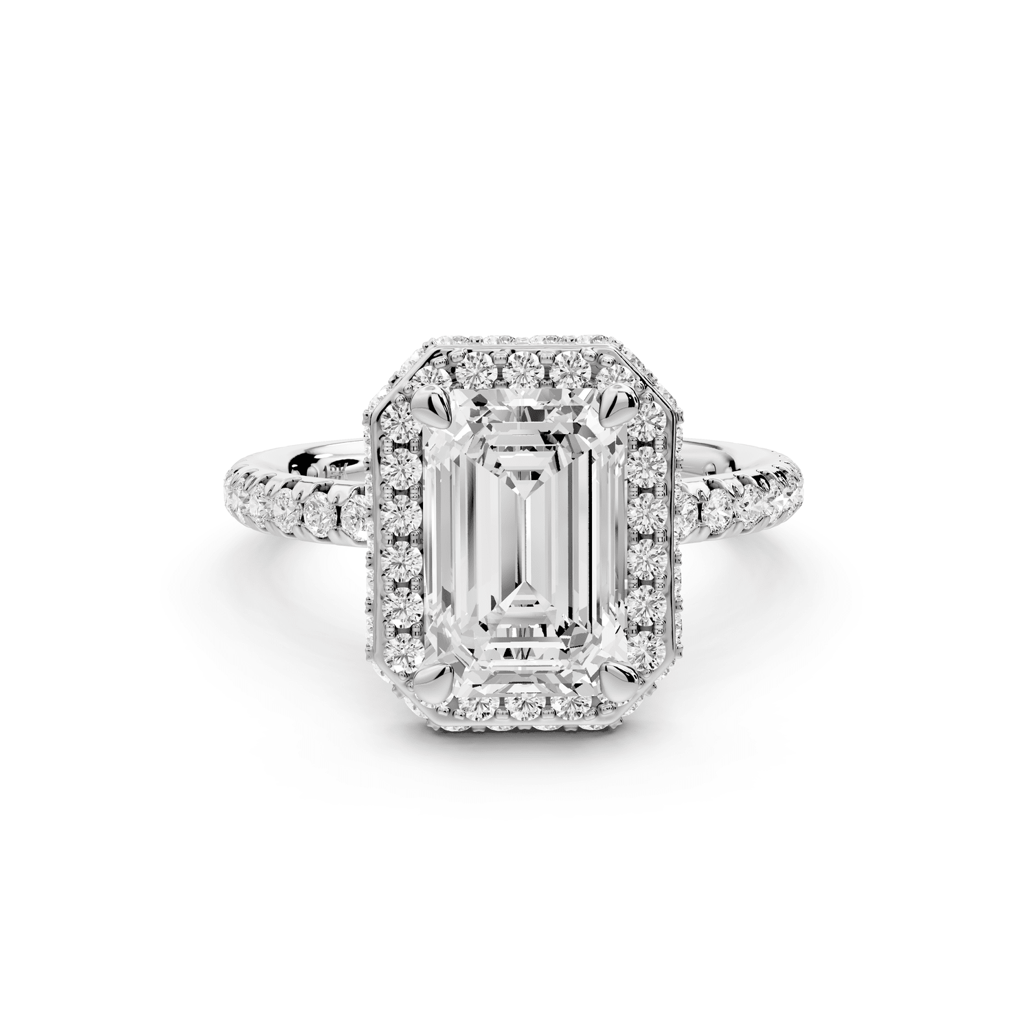 Amelie - 2ct 18k white gold emerald Diamond with Rollover Halo and Pavé Engagement Ring - Mr. Alex Jewelry
