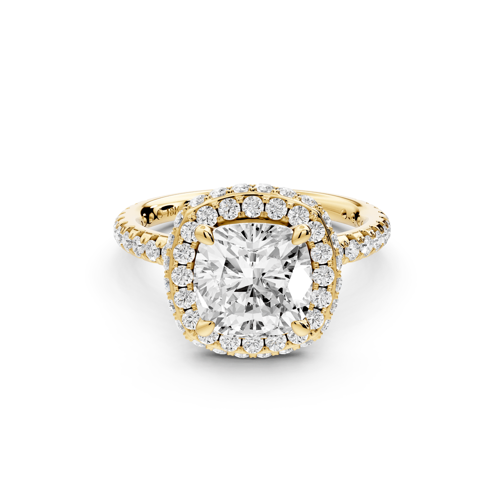 Amelie - 2ct 18k yellow gold cushion Diamond with Rollover Halo and Pavé engagement Ring - Mr. Alex Jewelry