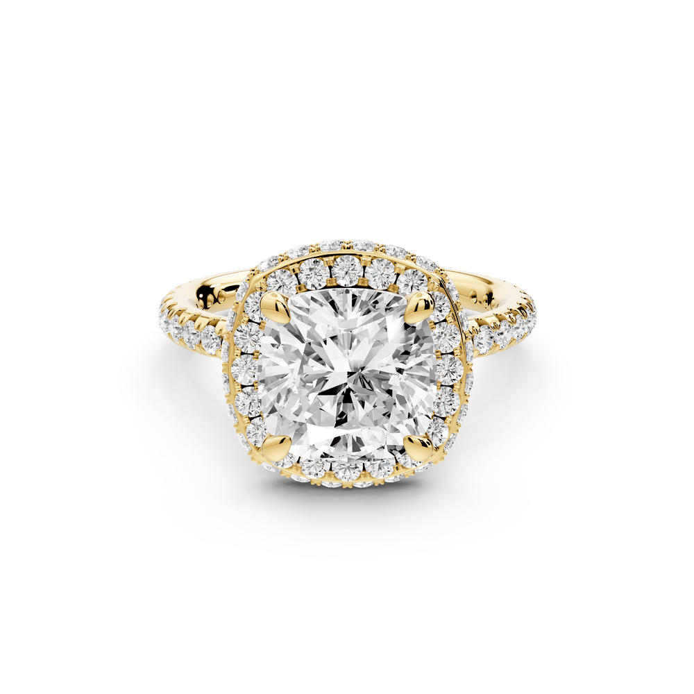 Amelie - 3ct 14k yellow gold cushion Diamond with Rollover Halo and Pavé engagement Ring - Mr. Alex Jewelry