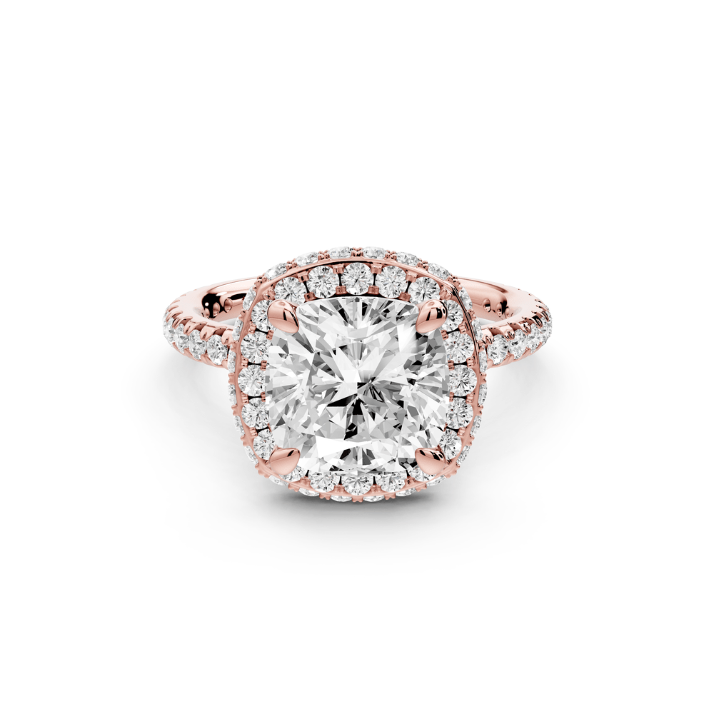 Amelie - 3ct 18k rose gold cushion Diamond with Rollover Halo and Pavé engagement Ring - Mr. Alex Jewelry