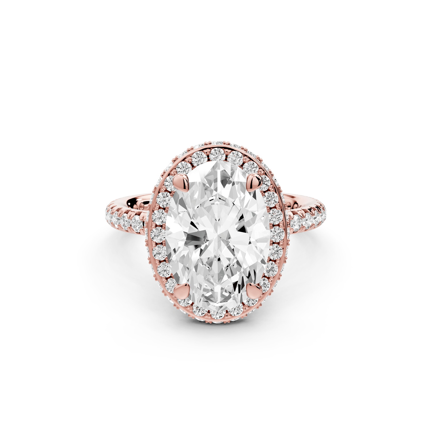 Amelie - 3ct 18k rose gold oval Diamond with Rollover Halo and Pavé Engagement Ring - Mr. Alex Jewelry
