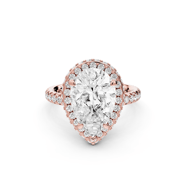 Amelie - 3ct 18k rose gold pear Diamond with Rollover Halo and Pavé Engagement Ring - Mr. Alex Jewelry