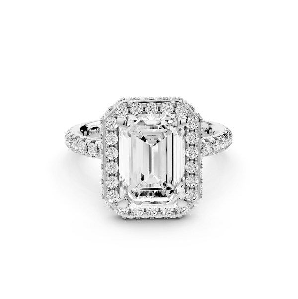 Amelie - 3ct 18k white gold emerald Diamond with Rollover Halo and Pavé Engagement Ring - Mr. Alex Jewelry