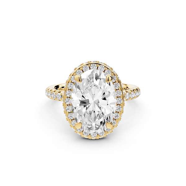 Amelie - 3ct 18k yellow gold oval Diamond with Rollover Halo and Pavé Engagement Ring - Mr. Alex Jewelry