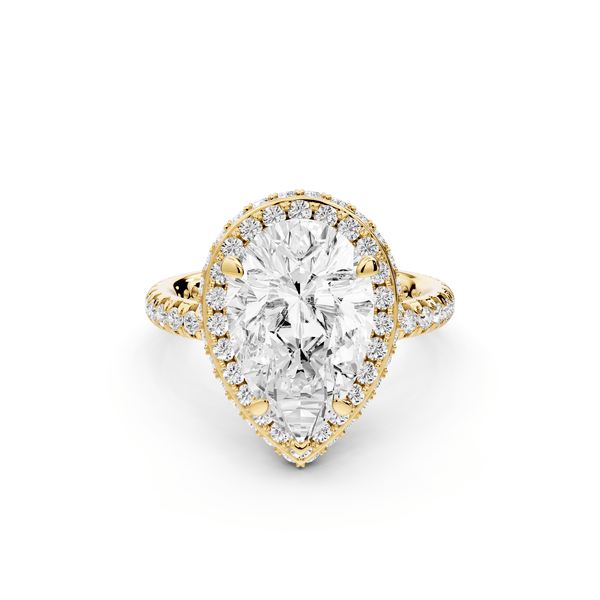 Amelie - 3ct 18k yellow gold pear Diamond with Rollover Halo and Pavé Engagement Ring - Mr. Alex Jewelry