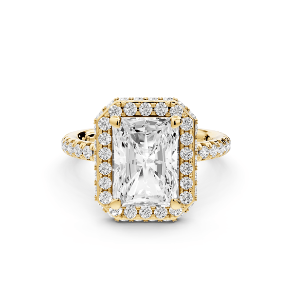 Amelie - 3ct 18k yellow gold radiant Diamond with Rollover Halo and Pavé engagement Ring - Mr. Alex Jewelry