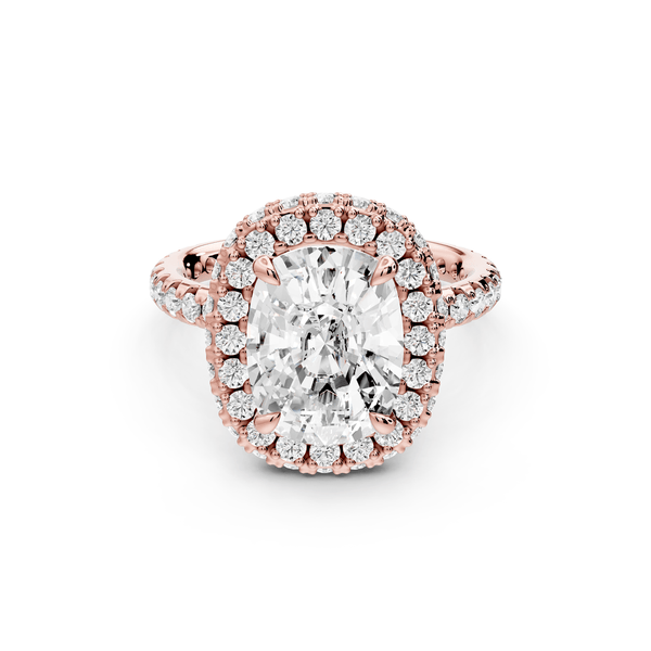 Amelie - 4ct 14k rose gold ecushion Diamond with Rollover Halo and Pavé engagement Ring - Mr. Alex Jewelry