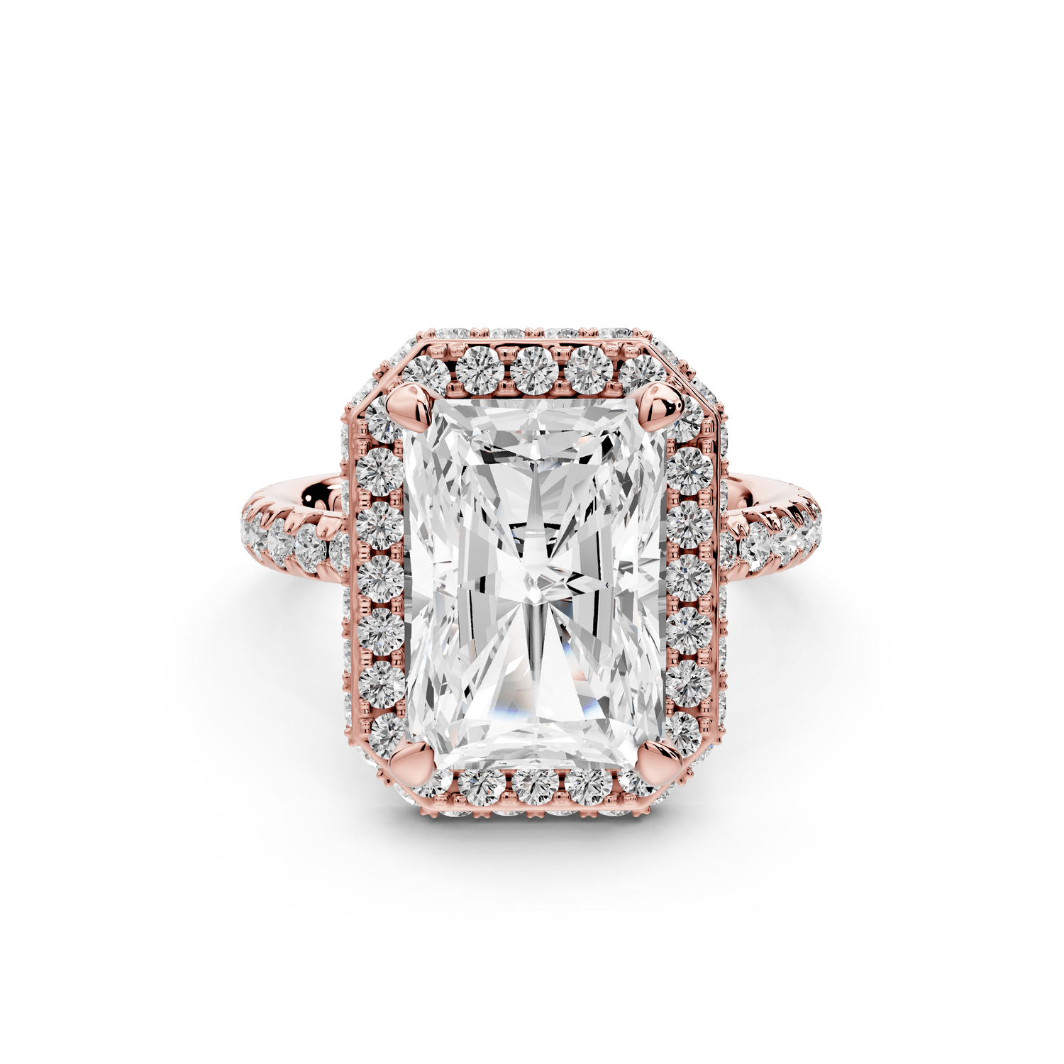 Amelie - 4ct 14k rose gold radiant Diamond with Rollover Halo and Pavé engagement Ring - Mr. Alex Jewelry