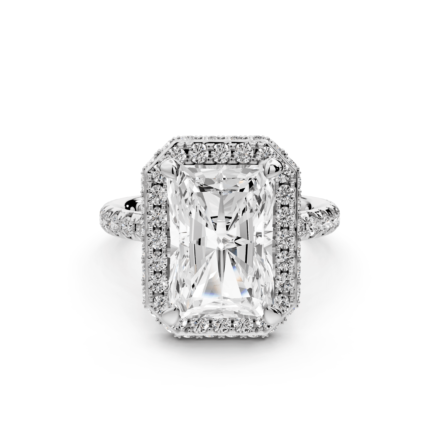 Amelie - 4ct 14k white gold radiant Diamond with Rollover Halo and Pavé engagement Ring - Mr. Alex Jewelry