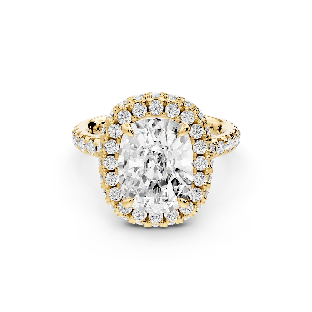 Amelie - 4ct 14k yellow gold ecushion Diamond with Rollover Halo and Pavé engagement Ring - Mr. Alex Jewelry