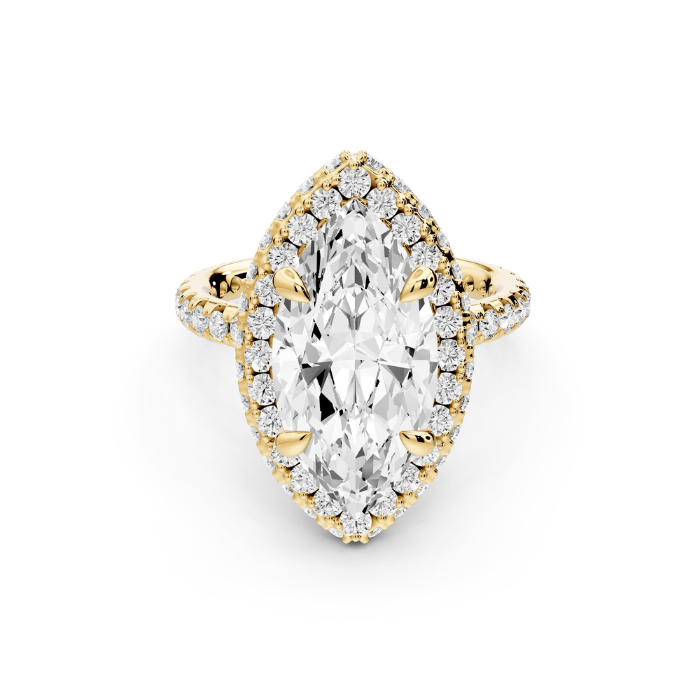 Amelie - 4ct 14k yellow gold marquise Diamond with Rollover Halo and Pavé engagement Ring - Mr. Alex Jewelry