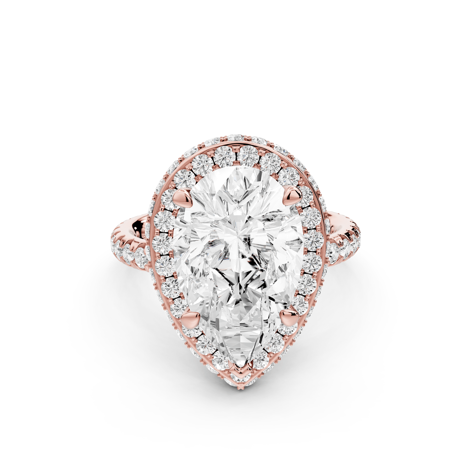 Amelie - 4ct 18k rose gold pear Diamond with Rollover Halo and Pavé Engagement Ring - Mr. Alex Jewelry