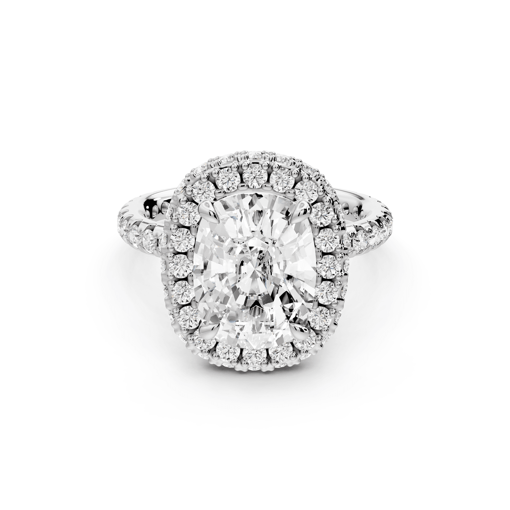 Amelie - 4ct 18k white gold ecushion Diamond with Rollover Halo and Pavé engagement Ring - Mr. Alex Jewelry