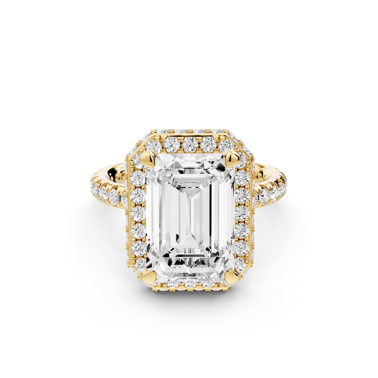 Amelie - 4ct 18k yellow gold emerald Diamond with Rollover Halo and Pavé Engagement Ring - Mr. Alex Jewelry