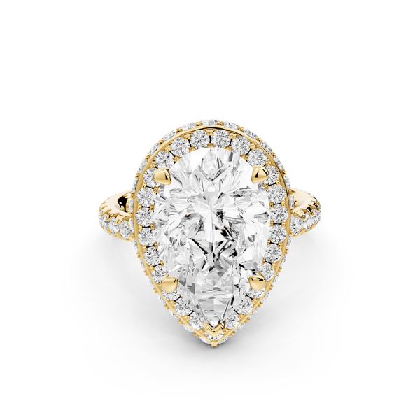 Amelie - 4ct 18k yellow gold pear Diamond with Rollover Halo and Pavé Engagement Ring - Mr. Alex Jewelry