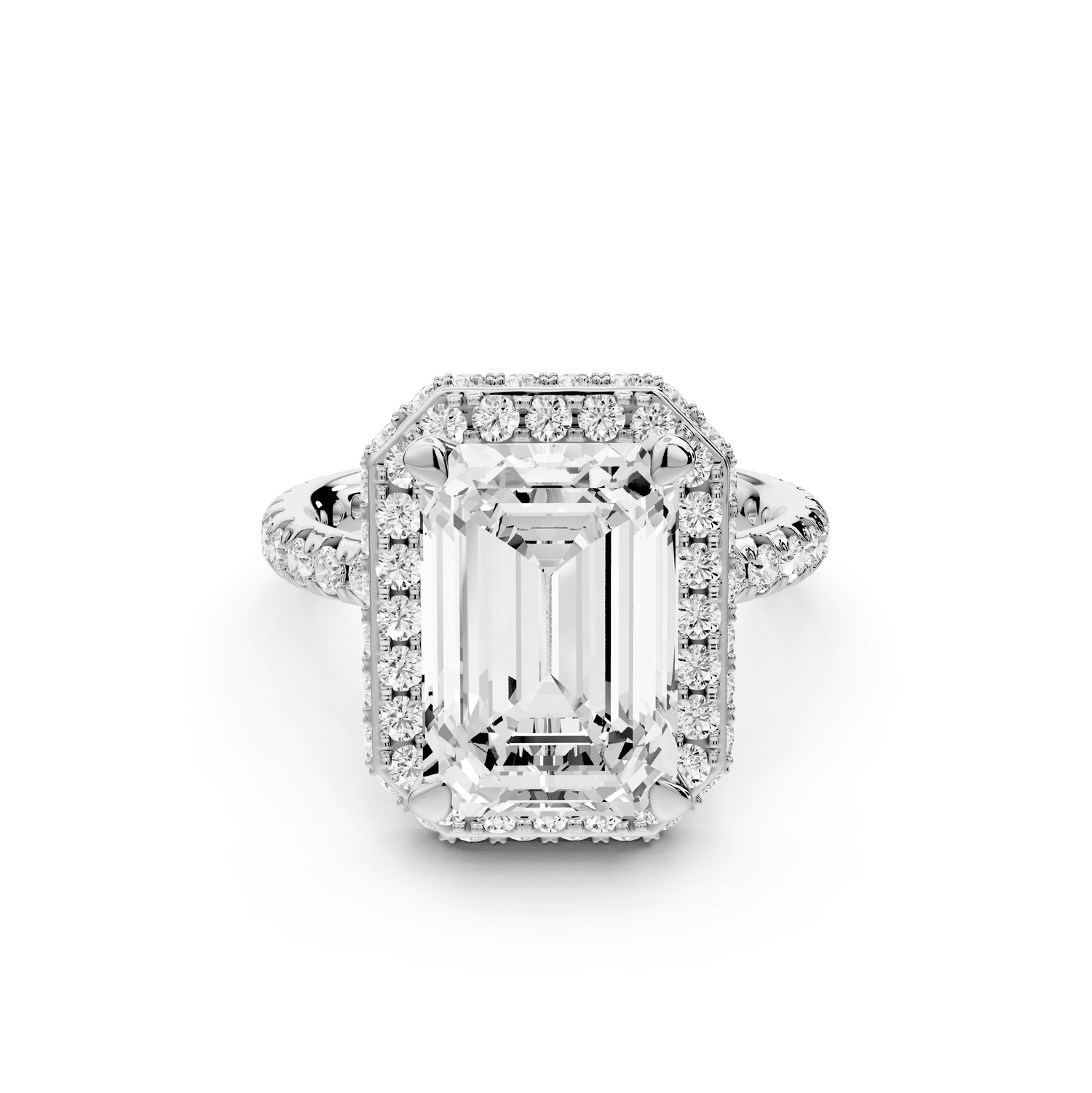 Amelie - 4ct platinum emerald Diamond with Rollover Halo and Pavé Engagement Ring - Mr. Alex Jewelry