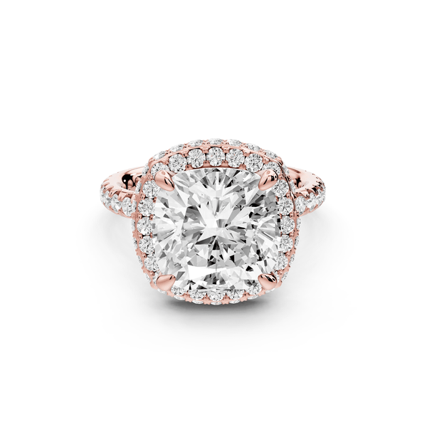 Amelie - 5ct 14k rose gold cushion Diamond with Rollover Halo and Pavé engagement Ring - Mr. Alex Jewelry