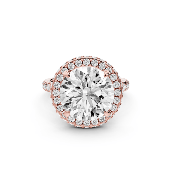 Amelie - 5ct 14k rose gold round Diamond with Rollover Halo and Pavé Engagment Ring - Mr. Alex Jewelry