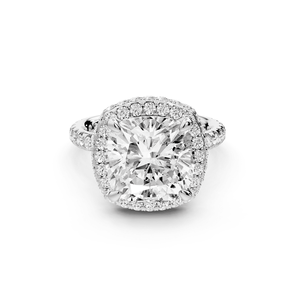 Amelie - 5ct 14k white gold cushion Diamond with Rollover Halo and Pavé engagement Ring - Mr. Alex Jewelry