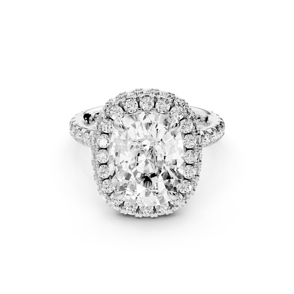 Amelie - 5ct 14k white gold ecushion Diamond with Rollover Halo and Pavé engagement Ring - Mr. Alex Jewelry