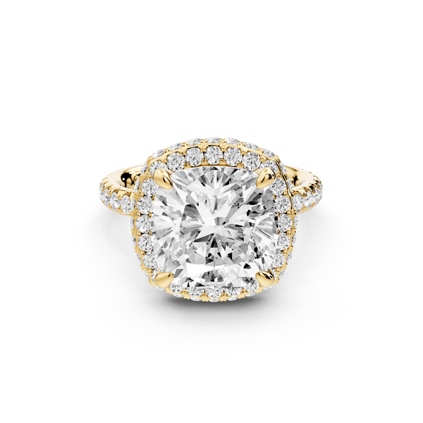 Amelie - 5ct 14k yellow gold cushion Diamond with Rollover Halo and Pavé engagement Ring - Mr. Alex Jewelry