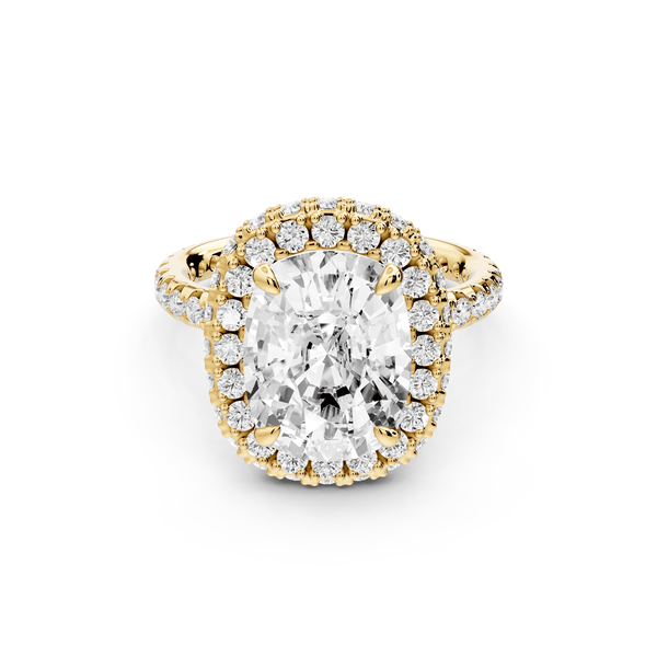 Amelie - 5ct 14k yellow gold ecushion Diamond with Rollover Halo and Pavé engagement Ring - Mr. Alex Jewelry
