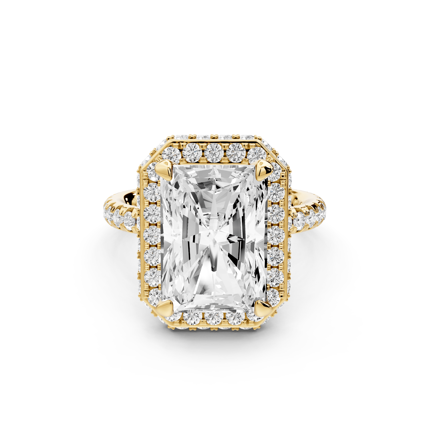 Amelie - 5ct 14k yellow gold radiant Diamond with Rollover Halo and Pavé engagement Ring - Mr. Alex Jewelry