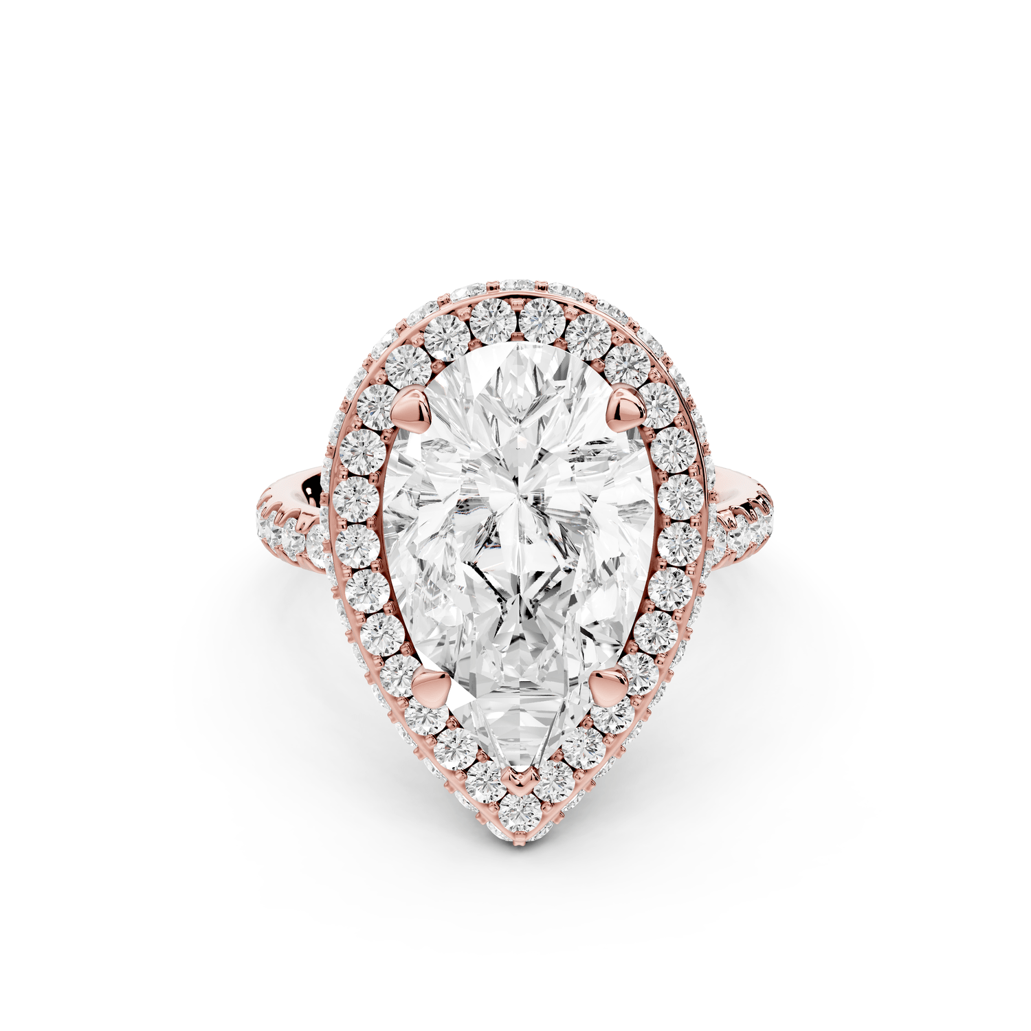 Amelie - 5ct 18k rose gold pear Diamond with Rollover Halo and Pavé Engagement Ring - Mr. Alex Jewelry