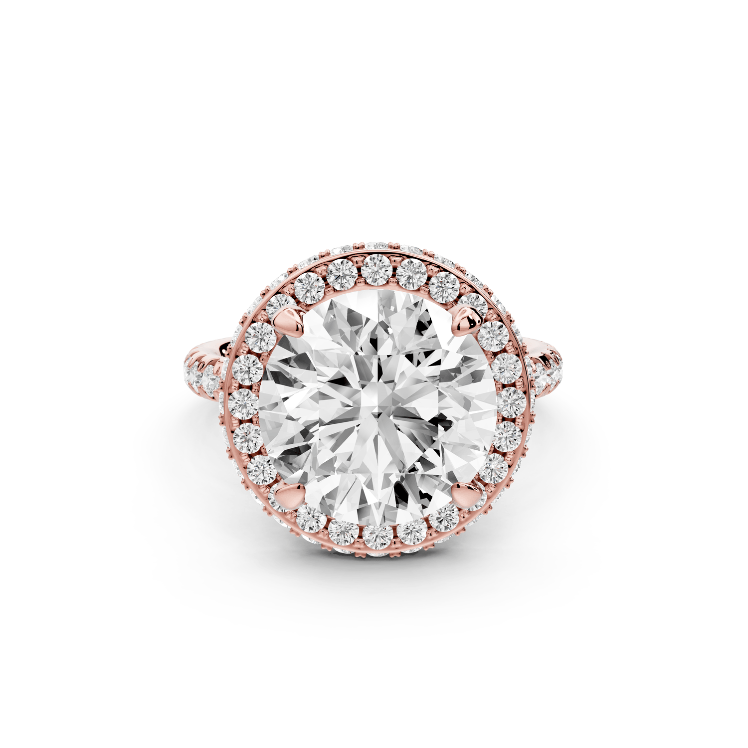 Amelie - 5ct 18k rose gold round Diamond with Rollover Halo and Pavé Engagment Ring - Mr. Alex Jewelry