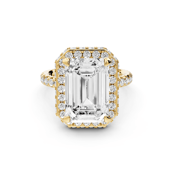 Amelie - 5ct 18k yellow gold emerald Diamond with Rollover Halo and Pavé Engagement Ring - Mr. Alex Jewelry