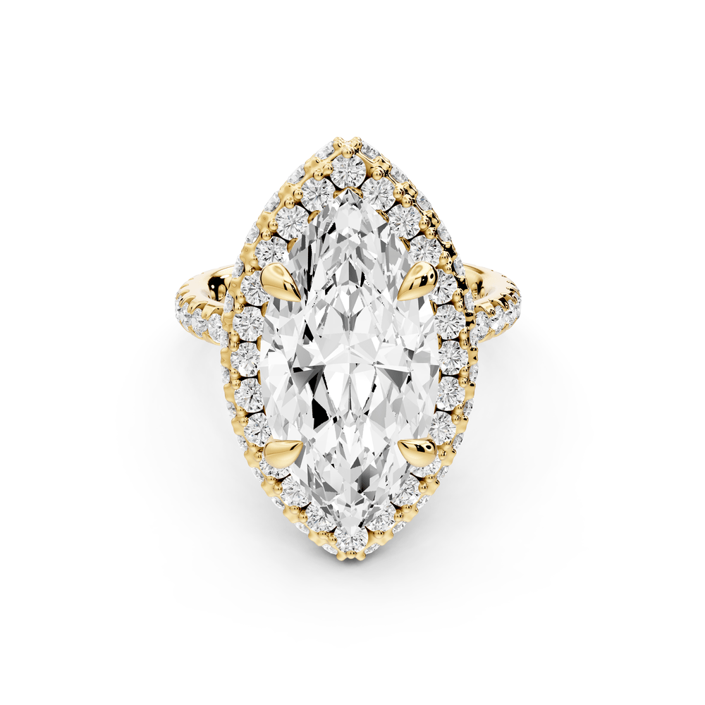 Amelie - 5ct 18k yellow gold marquise Diamond with Rollover Halo and Pavé engagement Ring - Mr. Alex Jewelry