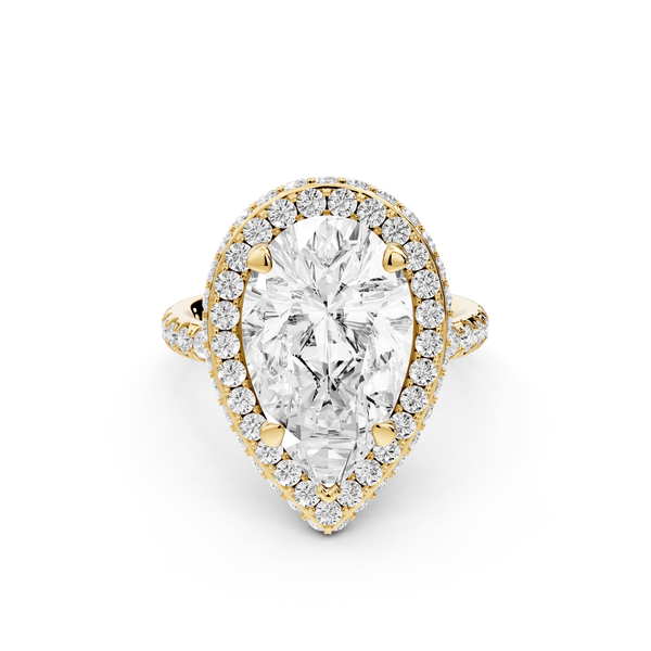 Amelie - 5ct 18k yellow gold pear Diamond with Rollover Halo and Pavé Engagement Ring - Mr. Alex Jewelry