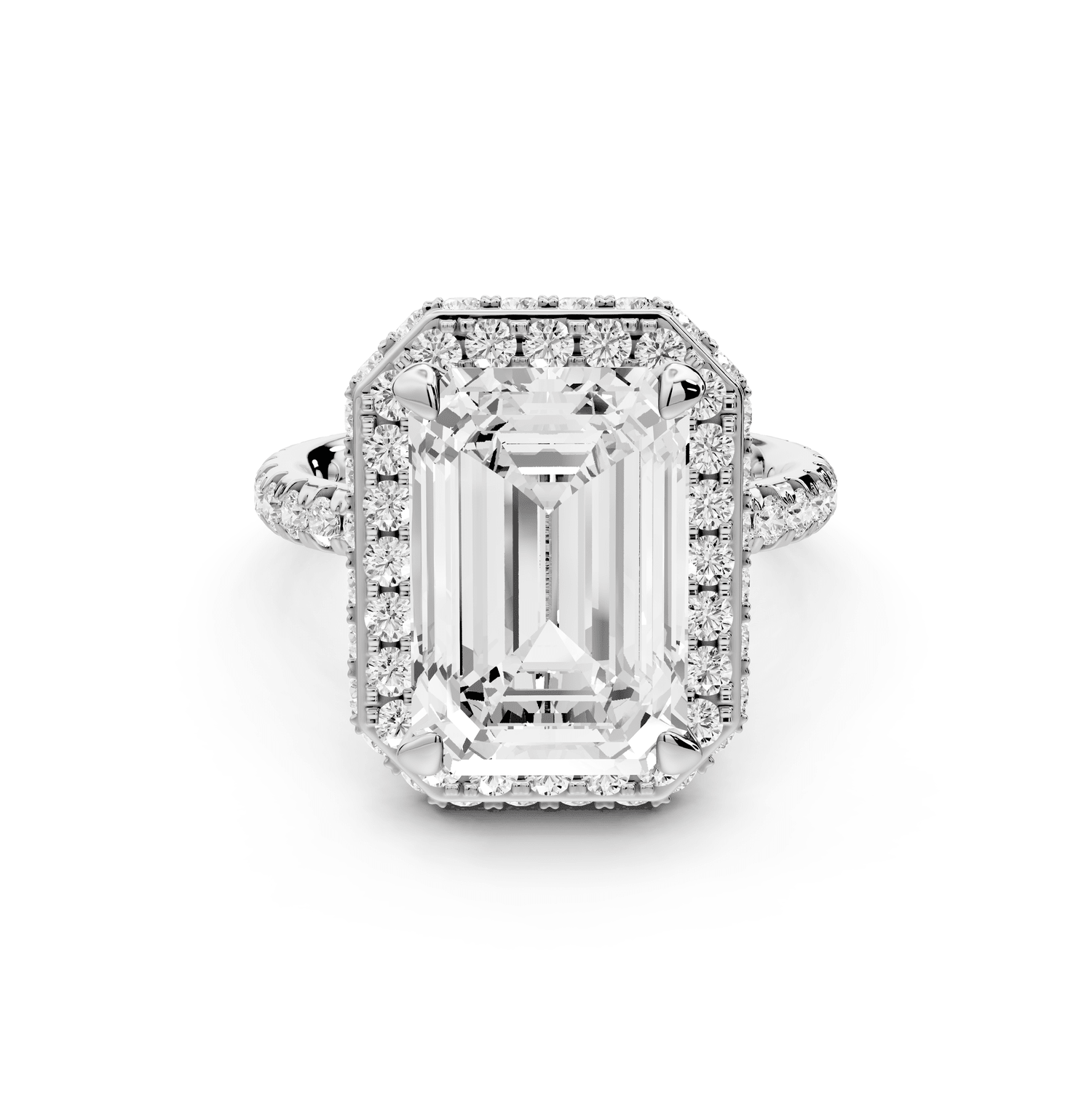 Amelie - 5ct platinum emerald Diamond with Rollover Halo and Pavé Engagement Ring - Mr. Alex Jewelry