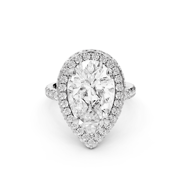 Amelie - 5ct platinum pear Diamond with Rollover Halo and Pavé Engagement Ring - Mr. Alex Jewelry