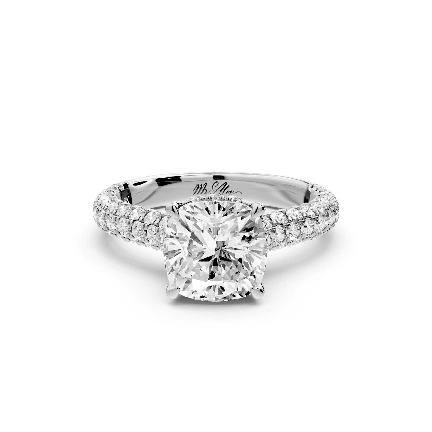 Amoria - 2ct 18k white gold cushion Diamond Engagement Ring with Pavé Band & Hidden Halo - Mr. Alex Jewelry