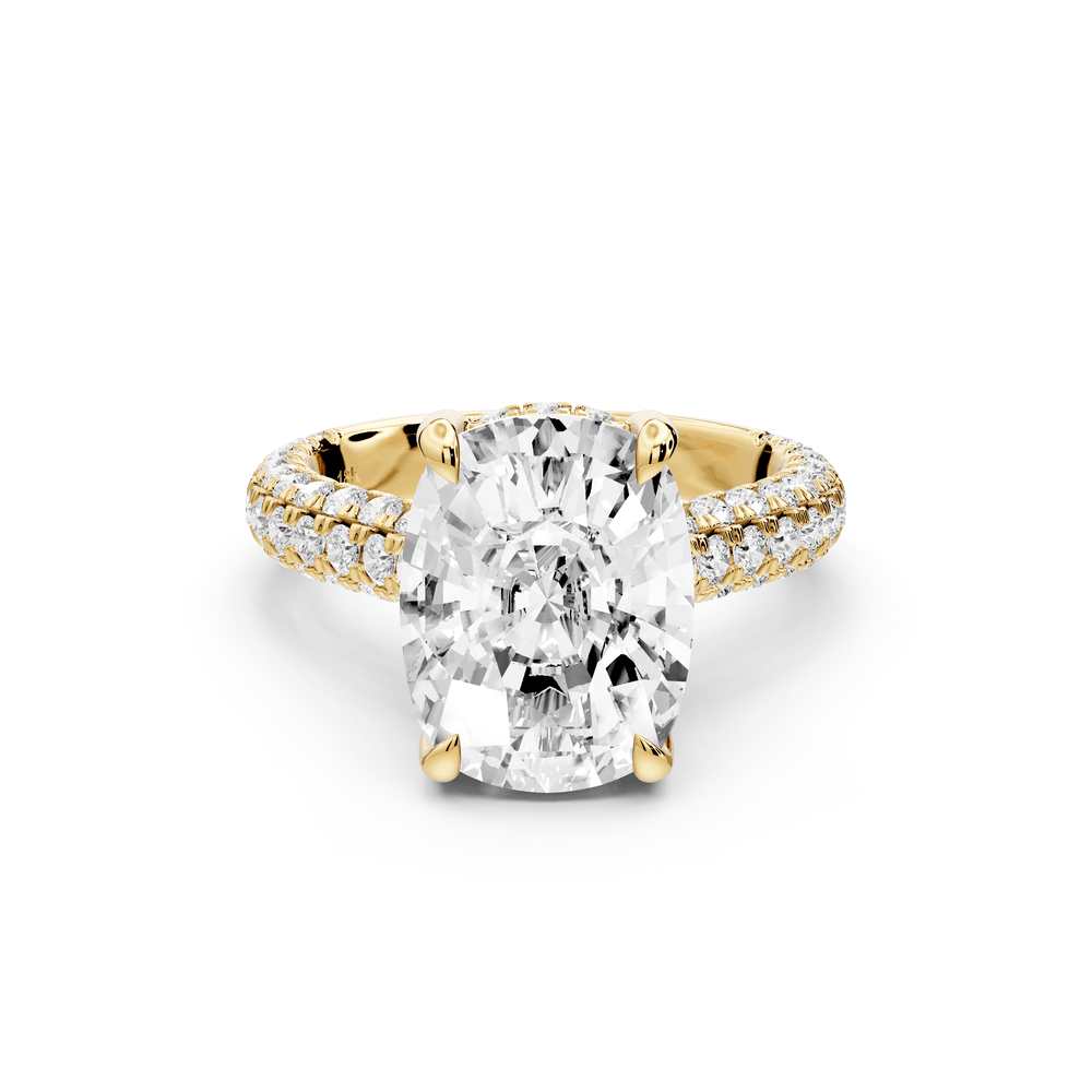 Amoria - 5ct 18k yellow gold ecushion Diamond Engagement Ring with Pavé Band & Hidden Halo - Mr. Alex Jewelry