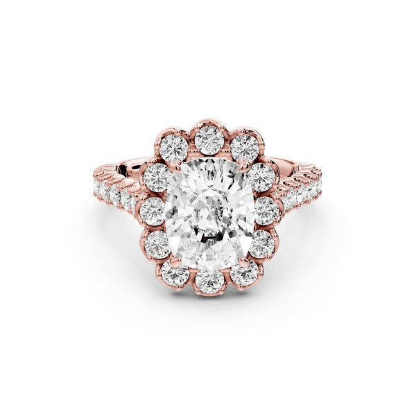 Anastasia - 2ct 14k rose gold ecushion Diamond with Floral Halo and Pavé engagement Ring - Mr. Alex Jewelry