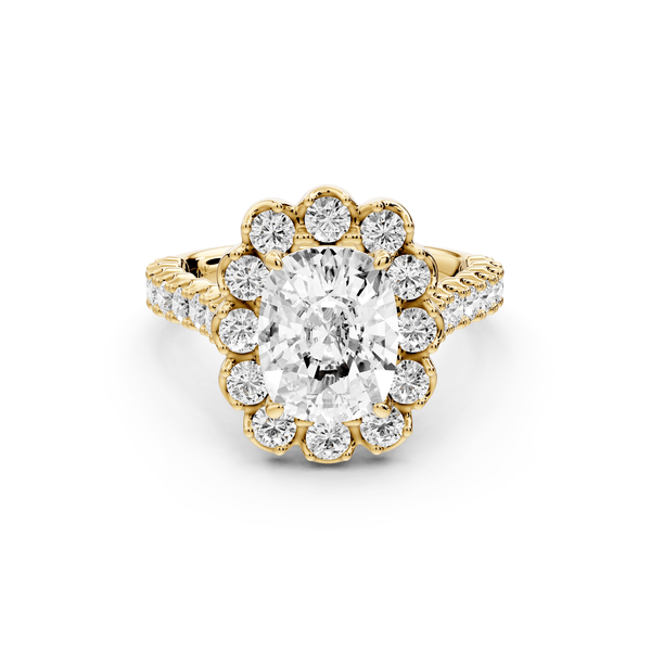 Anastasia - 2ct 14k yellow gold ecushion Diamond with Floral Halo and Pavé engagement Ring - Mr. Alex Jewelry