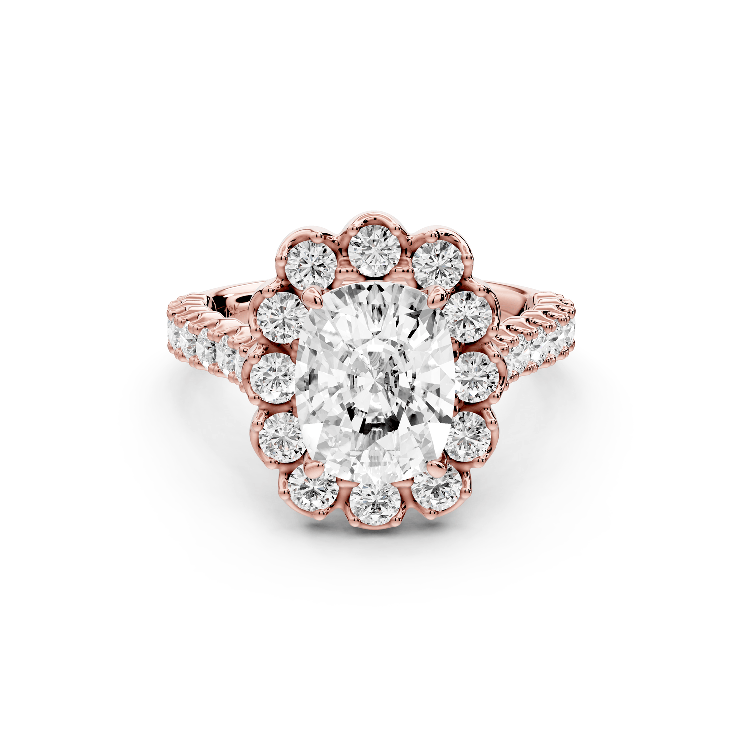 Anastasia - 2ct 18k rose gold ecushion Diamond with Floral Halo and Pavé engagement Ring - Mr. Alex Jewelry