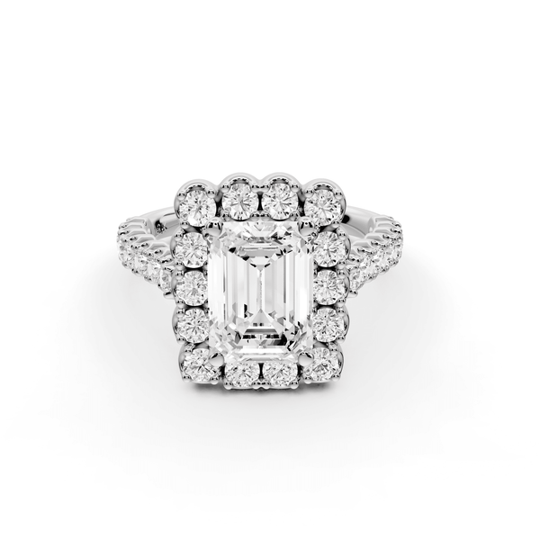 Anastasia - 2ct 18k white gold emerald Diamond with Floral Halo and Pavé engagement Ring - Mr. Alex Jewelry