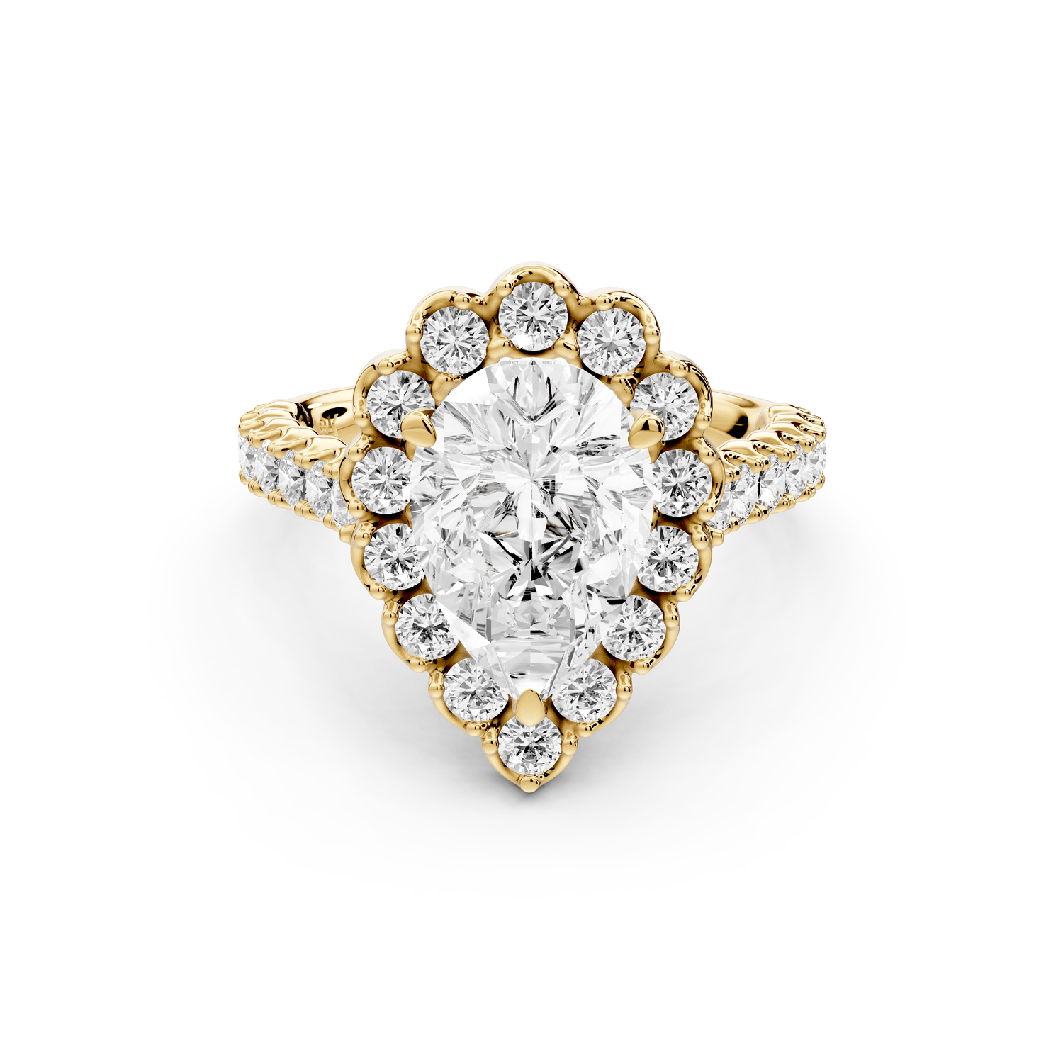 Anastasia - 2ct 18k yellow gold pear Diamond with Floral Halo and Pavé engagement Ring - Mr. Alex Jewelry