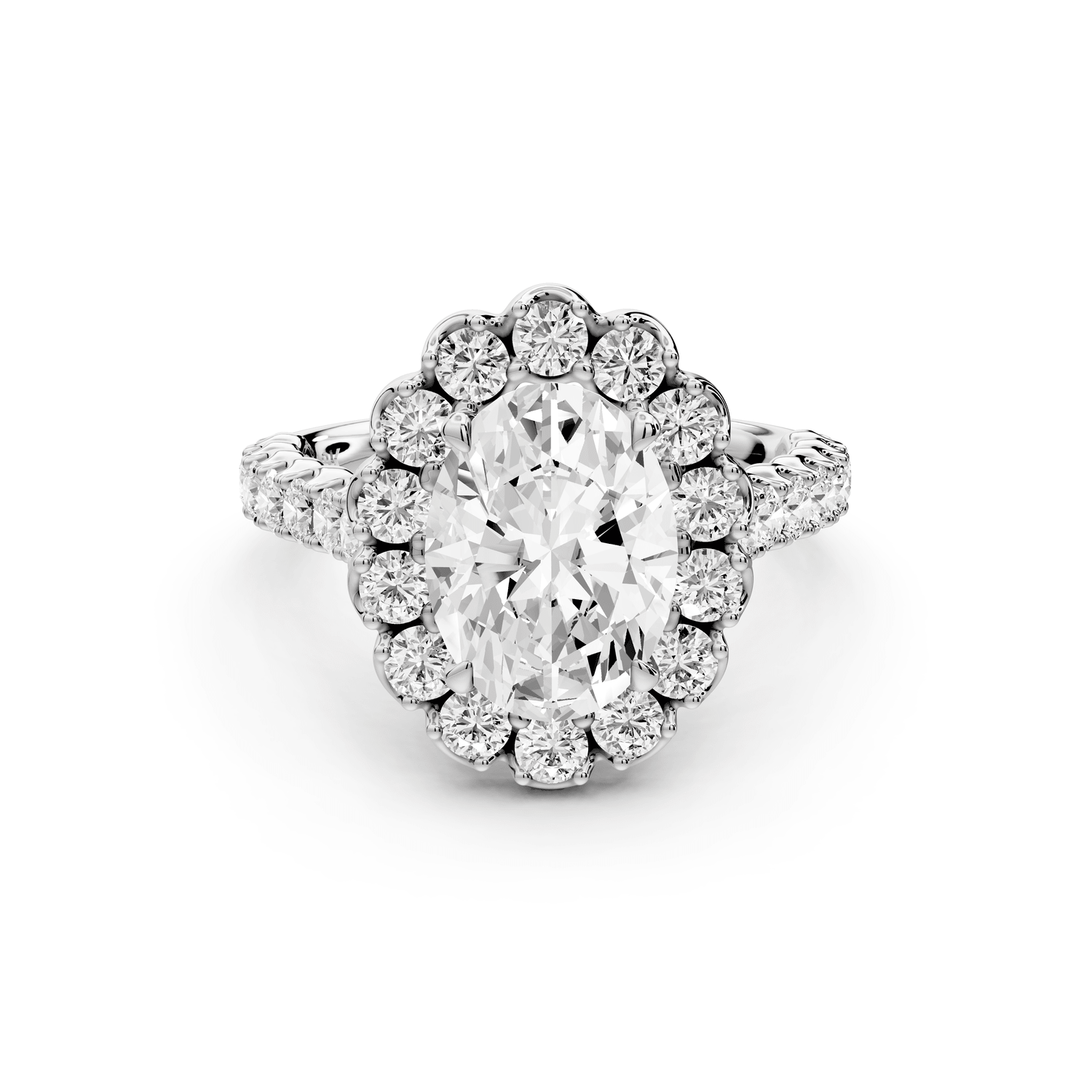 Anastasia - 2ct platinum oval Diamond with Floral Halo and Pavé engagement Ring - Mr. Alex Jewelry