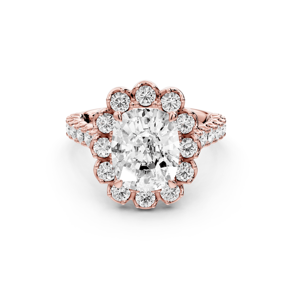 Anastasia - 3ct 14k rose gold ecushion Diamond with Floral Halo and Pavé engagement Ring - Mr. Alex Jewelry