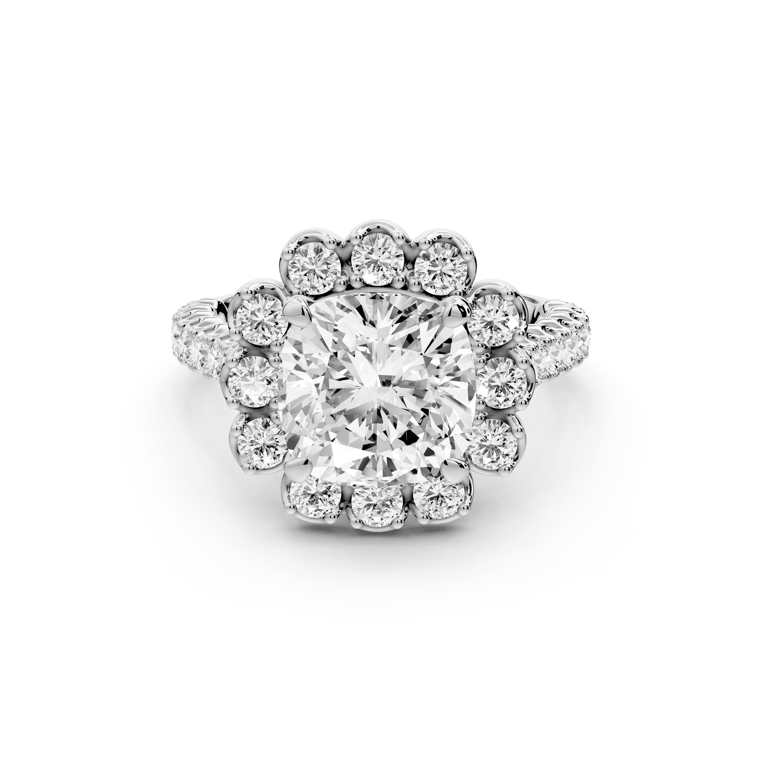 Anastasia - 3ct 14k white gold cushion Diamond with Floral Halo and Pavé engagement Ring - Mr. Alex Jewelry