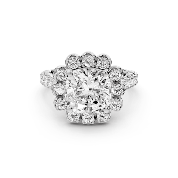 Anastasia - 3ct 14k white gold cushion Diamond with Floral Halo and Pavé engagement Ring - Mr. Alex Jewelry