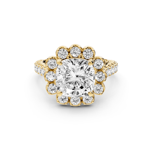 Anastasia - 3ct 14k yellow gold cushion Diamond with Floral Halo and Pavé engagement Ring - Mr. Alex Jewelry