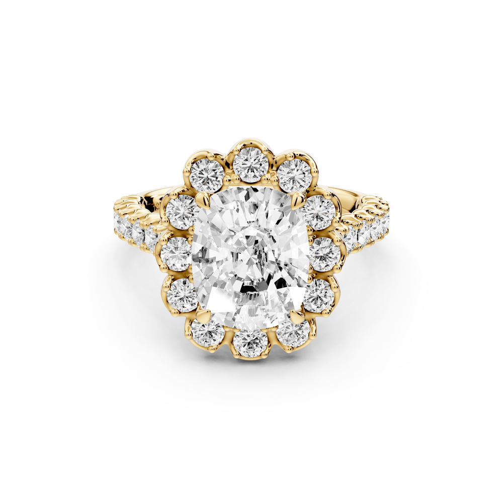 Anastasia - 3ct 14k yellow gold ecushion Diamond with Floral Halo and Pavé engagement Ring - Mr. Alex Jewelry