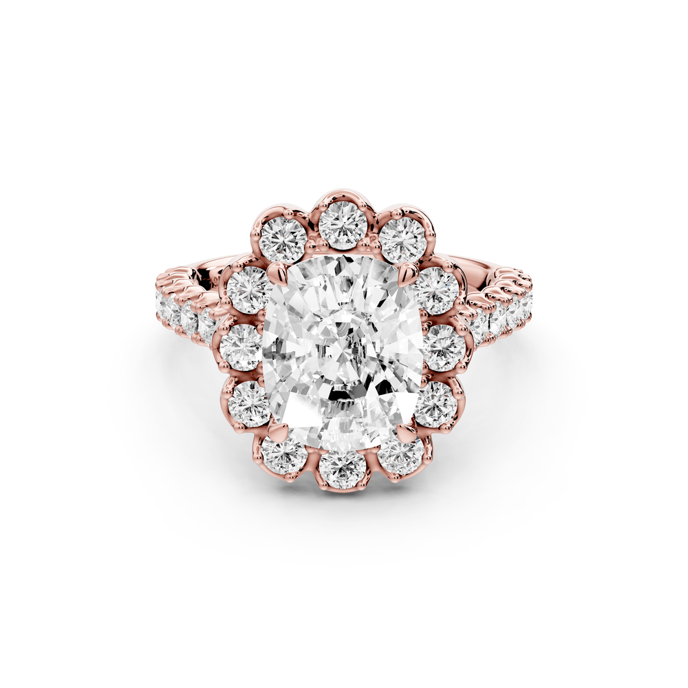 Anastasia - 3ct 18k rose gold ecushion Diamond with Floral Halo and Pavé engagement Ring - Mr. Alex Jewelry