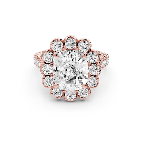 Anastasia - 4ct 14k rose gold ecushion Diamond with Floral Halo and Pavé engagement Ring - Mr. Alex Jewelry