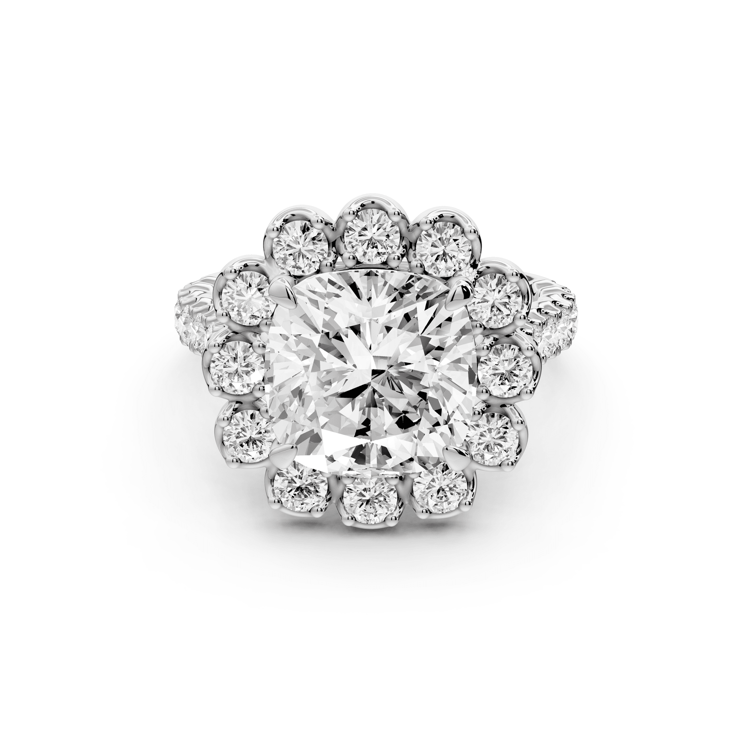 Anastasia - 4ct 14k white gold cushion Diamond with Floral Halo and Pavé engagement Ring - Mr. Alex Jewelry